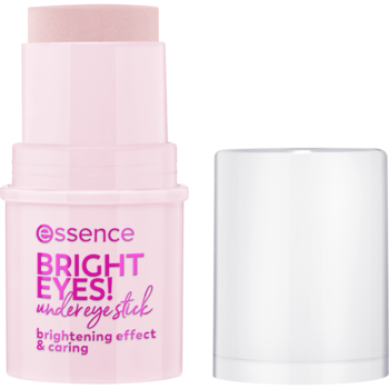 Różowy sztyft pod oczy Essence Bright Eyes! rozjaśniający i pielęgnujący, z białą nakrętką obok.