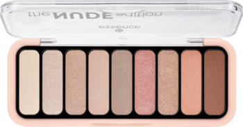 Paleta Essence The Cool Nude Edition: 9 cieni nude, matowych i perłowych, w beżowo-brązowej tonacji, widok z góry.