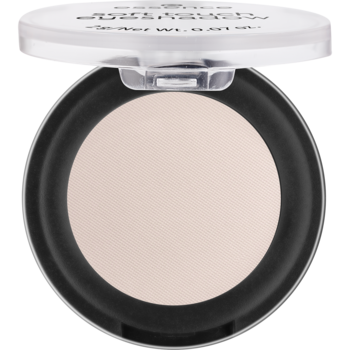 Matowy cień do powiek Essence Soft Touch 01 The One, pudrowy, jasnobeżowy, w otwartym okrągłym opakowaniu.