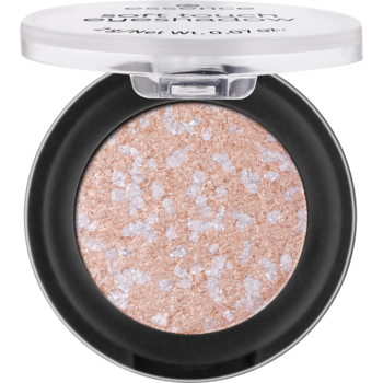 Zbliżenie na brokatowy cień do powiek Essence Soft Touch Bubbly Champagne, różowo-złoty z drobinami brokatu, otwarte opakowanie.