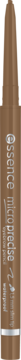 Kredka do brwi Essence Micro Precise w odcieniu Light Brown, widoczny srebrny napis, pionowo na czarnym tle.