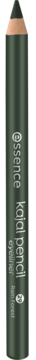 Ciemnozielona kredka do oczu essence Kajal Pencil Eyeliner, pionowo na czarnym tle, widoczny tekst.