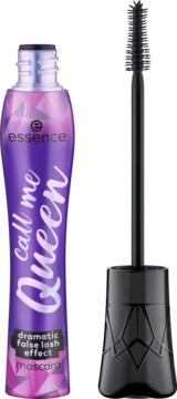 Fioletowy tusz Essence Call Me Queen z efektem sztucznych rzęs, czarna szczoteczka obok tubki.