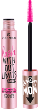 Essence Lash Without Limits brązowy tusz w różowej tubce, z wyciągniętą szczoteczką i obietnicą wydłużenia rzęs.