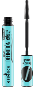 Mascara Essence Maximum Definition volume waterproof, turkusowa tubka z czarnym elastycznym pędzelkiem.