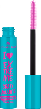 Tusz Essence I Love Extreme Crazy Volume Waterproof, turkusowy flakon, otwarta butelka z różową szczoteczką.