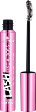 Różowy tusz Essence Lash Like a Boss Ultra Black, otwarty, z czarną szczoteczką.