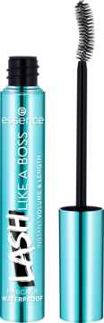 Turkusowy wodoodporny tusz Essence Lash Like a Boss z czarnym aplikatorem, widok z przodu, otwarty.