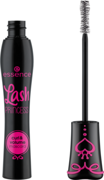 Tusz Essence Lash Princess Curl & Volume w czarnej tubce z różowym wzorem, obok otwarta ze szczoteczką klepsydrową.