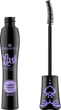 Otwarty czarny tusz Essence Lash Princess z fioletowymi zdobieniami, obok wyjęta szczoteczka z sercem.