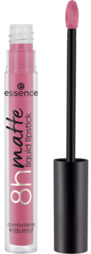 Essence 8h Matte płynna szminka w odcieniu chłodnego różu. Widok otwartej tubki z wysuniętym aplikatorem.