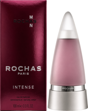 Rochas Man Intense EDP, bordowe opakowanie i stożkowa, matowa butelka w odcieniach różu z srebrną podstawą.