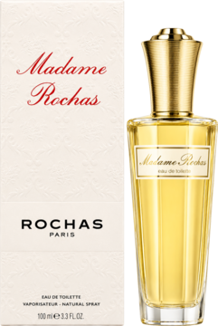 Perfumy Madame Rochas w białym pudełku i złocistej butelce z ozdobnym korkiem, widok z przodu.