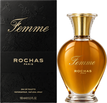 Rochas Femme woda toaletowa 100ml, czarne pudełko z reliefem i bursztynowa butelka w kształcie gruszki, widok z przodu.