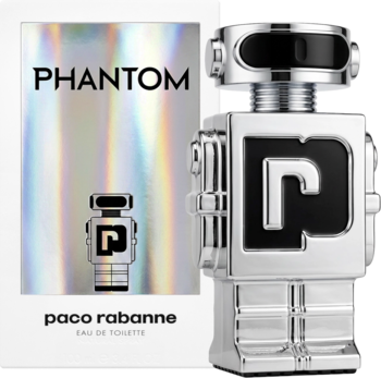 Paco Rabanne Phantom męska woda toaletowa, srebrny flakon-robot i holograficzne pudełko z logo. Widok z przodu.