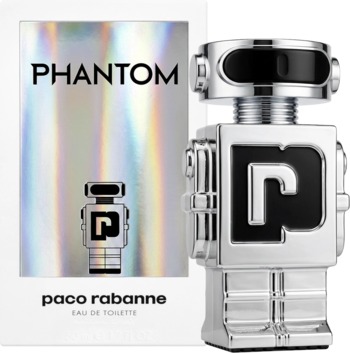 Paco Rabanne Phantom woda toaletowa, futurystyczny srebrny flakon w kształcie robota i holograficzne pudełko.