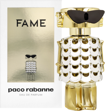 Paco Rabanne Fame EDP: złoty flakon-robot z okularami i łuskami, obok eleganckie, beżowe pudełko z logo.