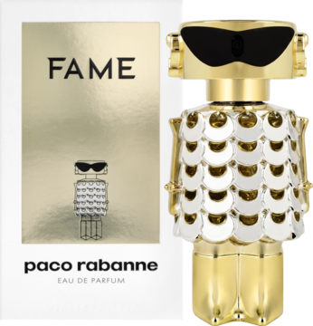 Paco Rabanne Fame woda perfumowana w złoto-srebrnym flakonie-robocie z okularami, obok pasujące pudełko.
