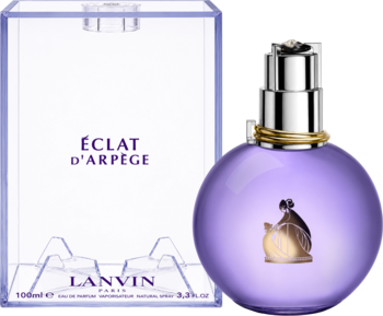 Lanvin Éclat d'Arpège, fioletowa woda perfumowana dla kobiet, butelka i przezroczyste pudełko na czarnym tle.