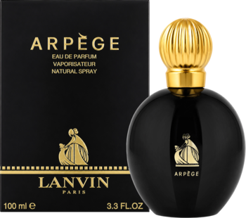 Lanvin Arpège, czarna woda perfumowana w kulistym flakonie ze złotą zakrętką, obok dopasowanego pudełka.