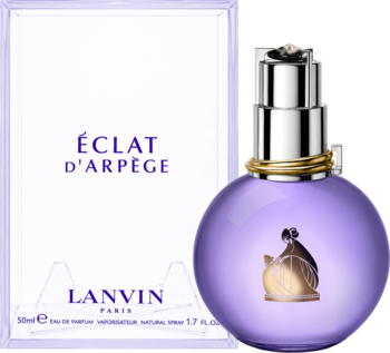 Liliowy flakon Lanvin Éclat d'Arpège EDP, okrągły, ze srebrnym korkiem, obok białe opakowanie.