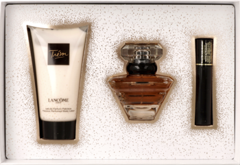 Lancôme Trésor: zestaw prezentowy z bursztynową wodą perfumowaną, białym balsamem i czarnym tuszem w białym wkładzie.