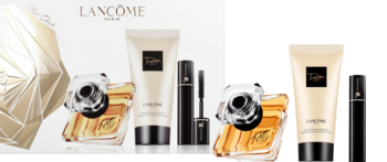 Lancôme Trésor zestaw: złoty flakon perfum, beżowy balsam, czarny tusz do rzęs na dwukolorowym tle.