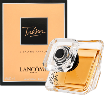 Lancôme Trésor EDP, fasetowany flakon z bursztynowym płynem obok pomarańczowego pudełka. Widok z przodu.