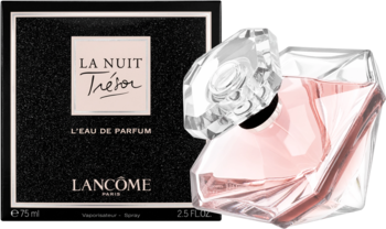 Uwodzicielskie perfumy Lancôme La Nuit Trésor EDP w czarnym pudełku i różowa butelka diamentowa, widok z przodu.