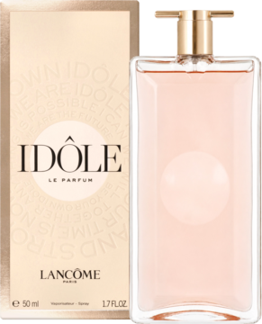 Lancôme Idôle Eau de Parfum dla kobiet, różowy flakon z atomizerem i złote pudełko, widok z przodu.