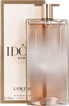 Lancôme Idôle Aura woda perfumowana. Smukła szklana butelka z różowo-złotym gradientem stoi przed beżowym pudełkiem.