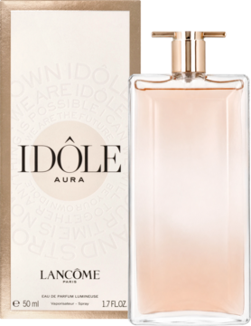 Lancôme Idôle Aura woda perfumowana 50ml. Smukły flakon i złoto-beżowe pudełko, widok z przodu.