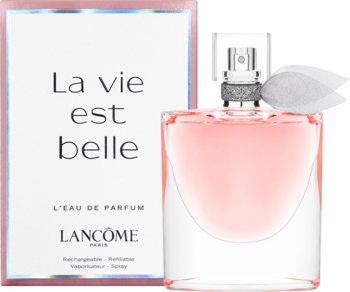 Lancôme La Vie Est Belle L'Eau de Parfum, różowy flakon z białą wstążką, obok biało-różowe pudełko.