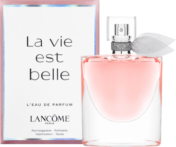 Lancôme La Vie Est Belle EDP w różowym, refillable flakonie z białą kokardą, obok pudełka. Kwiatowy zapach.