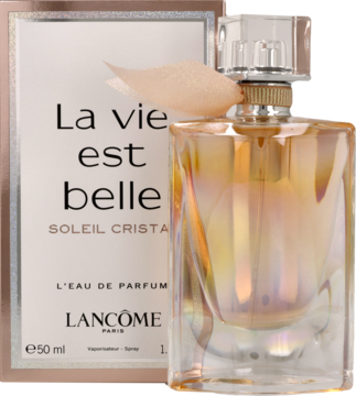 Lancôme La Vie Est Belle Soleil Cristal, iryzująca butelka perfum z różową kokardką, obok białe pudełko.