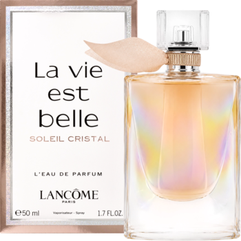 Lancôme La Vie Est Belle Soleil Cristal EDP, iryzydująca butelka i pudełko 50 ml, widok z przodu.