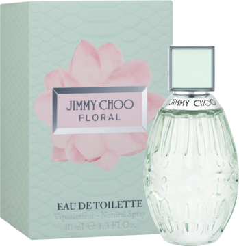 Jimmy Choo Floral woda toaletowa, teksturowana butelka i pudełko z miętowym tłem i różową magnolią.