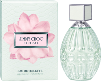 Jimmy Choo Floral damska woda toaletowa w butelce z teksturowanego szkła, obok zielonego pudełka z kwiatem.