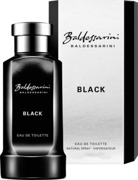 Baldessarini Black męska woda toaletowa, czarna butelka z metalową zakrętką i białe pudełko, widok z przodu.