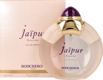 Boucheron Jaipur Bracelet woda perfumowana: matowy, okrągły flakon z fioletowo-złotym korkiem, obok różowe pudełko.