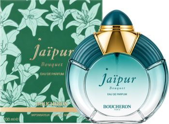 Okrągła butelka Boucheron Jaipur Bouquet edp, turkus i złoto, obok zielonego pudełka w lilie.