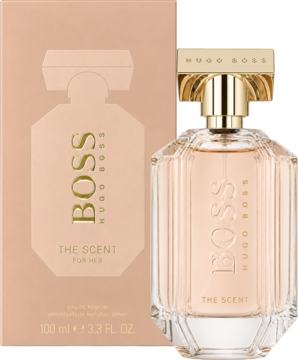 Hugo Boss The Scent for Her woda perfumowana 100ml. Brzoskwiniowy flakon z złotą nakrętką obok pudełka.