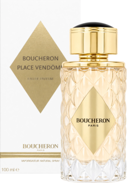 Boucheron Place Vendome eleganckie perfumy damskie, złota butelka z fakturą i białe pudełko, widok z przodu.