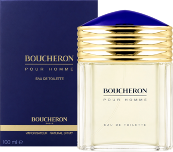 Boucheron Pour Homme elegancka woda toaletowa. Szklana butelka ze złotym korkiem obok granatowego pudełka.