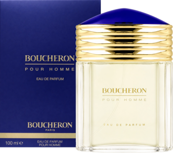 Boucheron Pour Homme Eau de Parfum 100ml: przejrzysta butelka ze złotym i niebieskim korkiem, obok granatowe pudełko.
