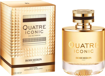 Boucheron Quatre Iconic: złota woda perfumowana w flakonie i teksturowanym pudełku, widok obok siebie.