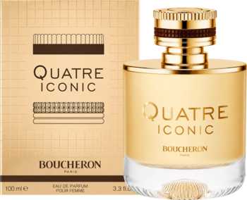 Złota woda perfumowana Boucheron Quatre Iconic 100 ml dla kobiet, butelka i pudełko z siatką, widok z przodu.