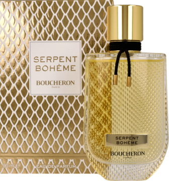 Eleganckie perfumy Boucheron Serpent Bohème w złotej butelce, obok luksusowe złote pudełko z motywem węża.