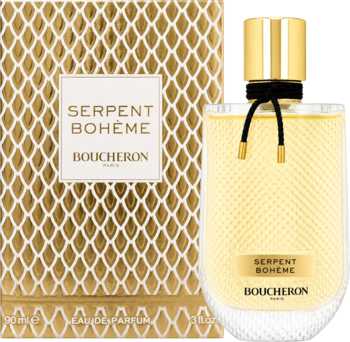 Perfumy Boucheron Serpent Bohème. Złote pudełko z geometrycznym wzorem i butelka z teksturowanego szkła, widok z przodu.