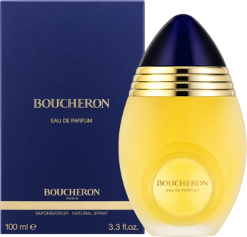 Elegancka owalna butelka Boucheron Eau de Parfum dla kobiet, z żółtym płynem i niebieskim korkiem, obok ciemnoniebieskiego opakowania.